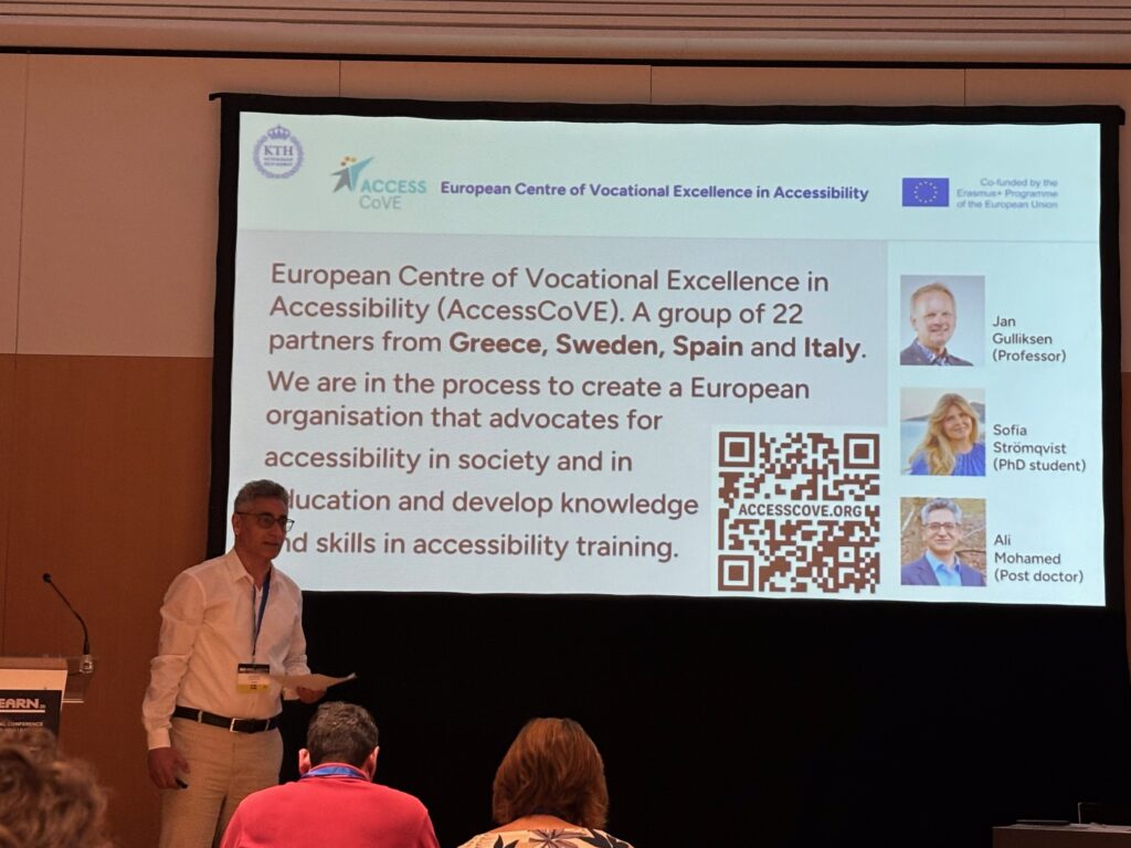 Ali Mohamed stands in front of a projected slide displaying the AccessCoVE logo and photos of colleagues from KTH. He is speaking to an audience seated in the room, who are listening to his presentation about the project.